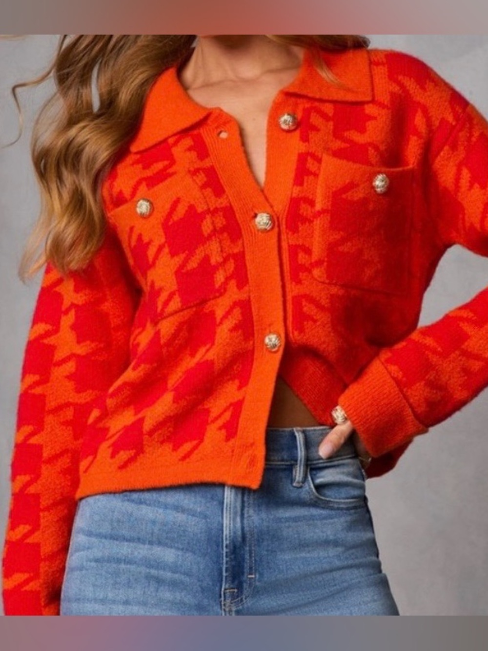 Bright Orange Houndstooth Knit Cardigan - English  Factory